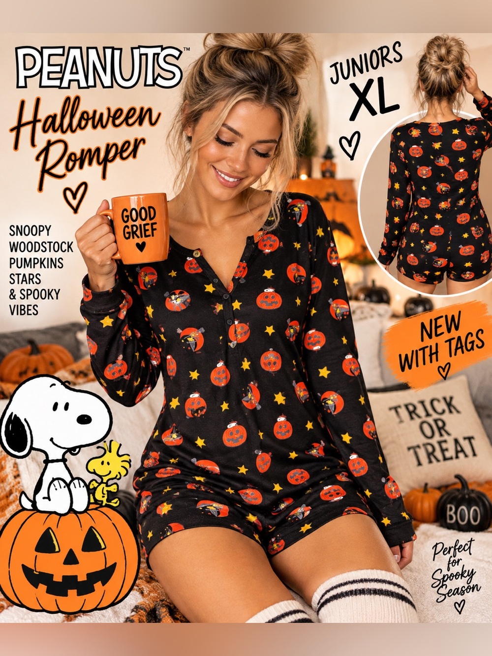 Peanuts Halloween Romper Juniors XL Snoopy Woodstock Pumpkin NWT